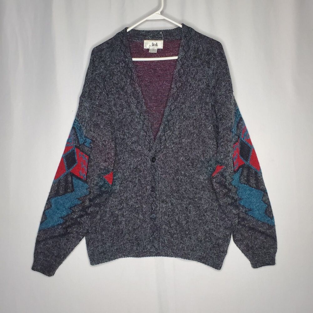 Jed 80s Vtg Cardigan Men Medium Gray Aztec South Western Grandpa Grunge Button